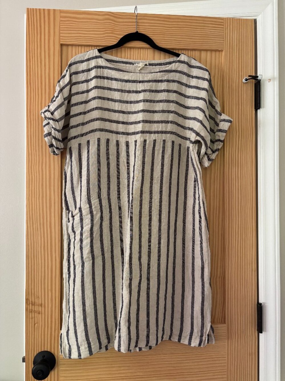 Eileen Fisher Cotton Linen Casual Dress Short Sleeve Neutral with Black Stripes
